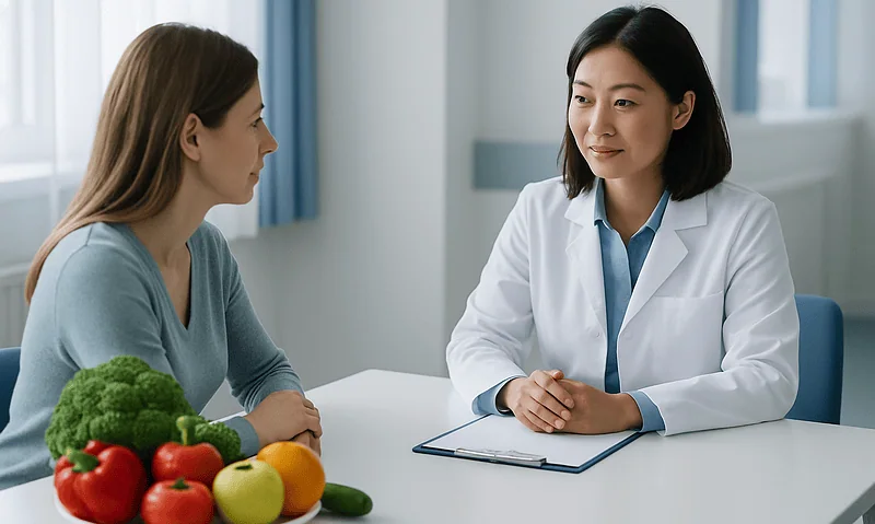 Doctor consulting with patient about healthy diet and skincare.