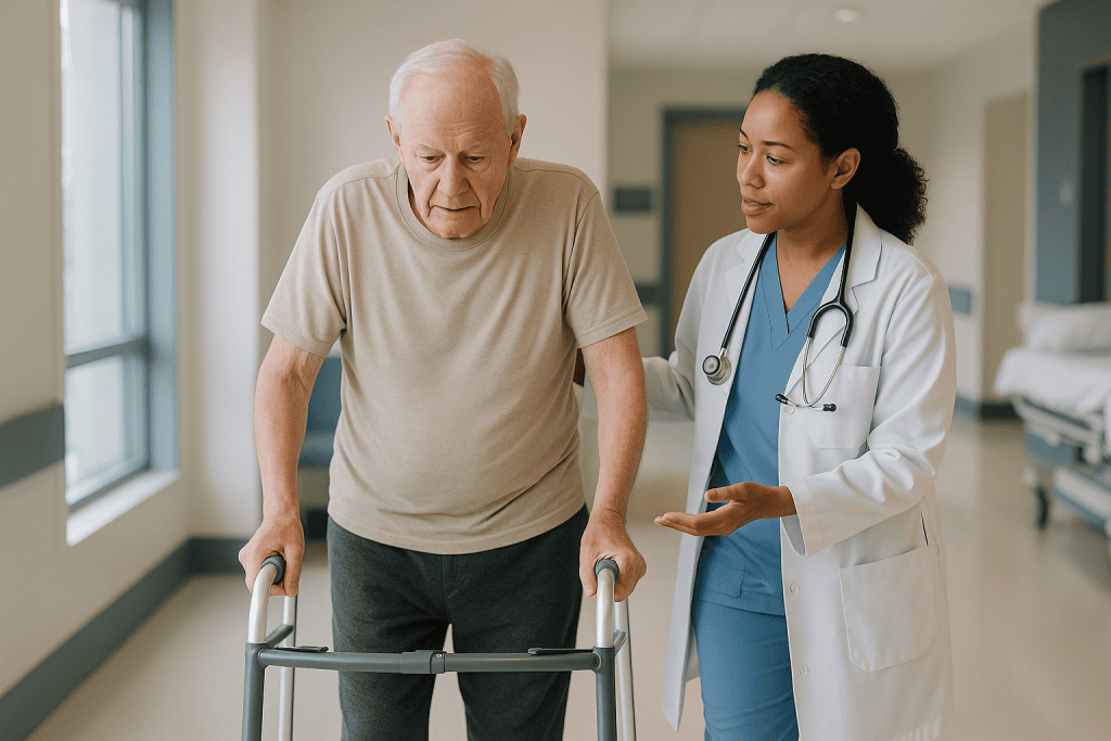 Elderly patient with walker and female doctor in hospital corridor: Spinal stenosis surgery for elderly patients: does age i
