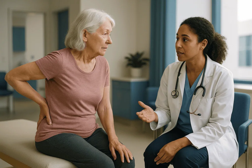 Doctor consulting with senior patient about back pain: Spinal stenosis surgery in elderly adults: who is it usually for, and