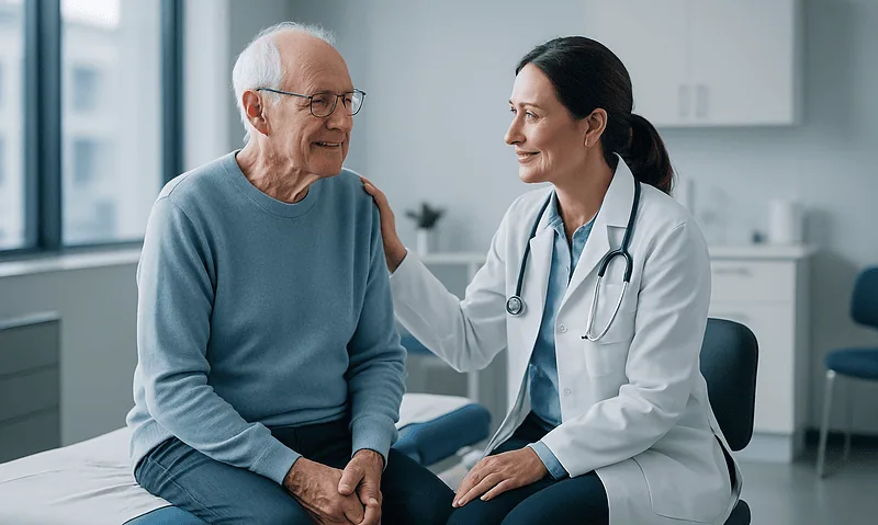 Senior patient consulting with doctor in a modern hospital setting.