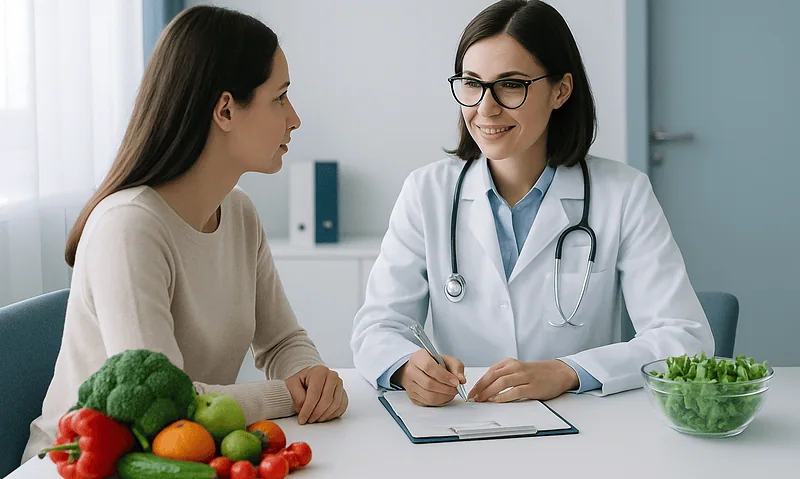 Doctor consulting a patient about health with vegetables on the table.