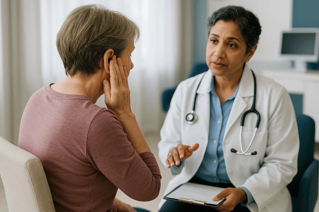 Doctor consulting with patient in clinical office setting: Stapedectomy recovery timeline: the first six weeks