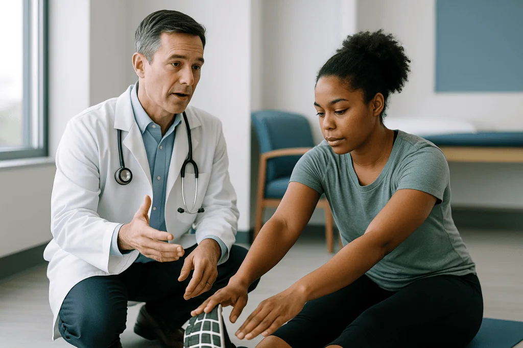 Doctor examining patient's ankle and lower leg: Static stretching vs dynamic stretching: what is the difference?