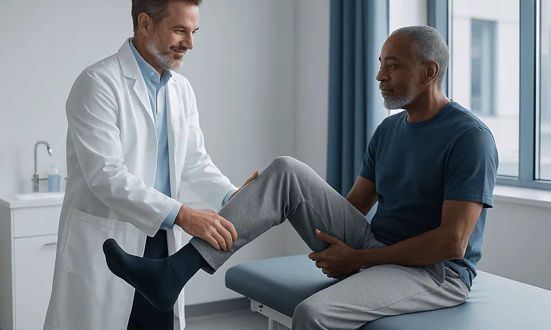 Doctor examining patient's leg in a medical consultation room.
