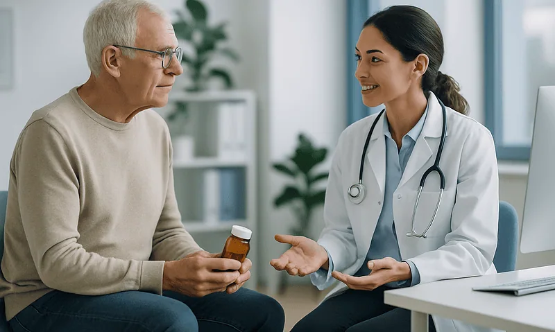 Doctor consulting elderly patient about medication options in a clinic.