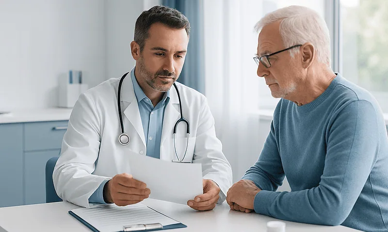 Doctor consulting with elderly patient in a medical office.