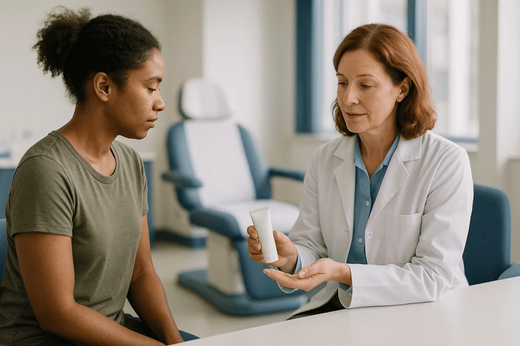 Dermatologist consulting with patient about skincare product: Step 2: choose one treatment, not five
