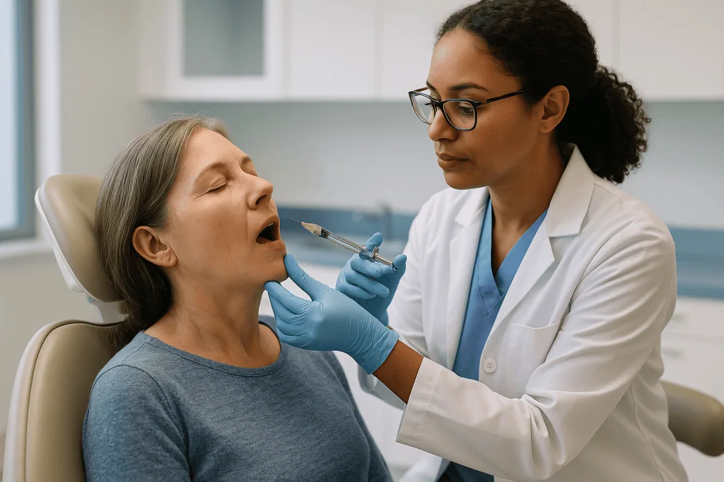 Dentist examining patient's throat with dental instrument: Step one: numbing. What local anesthesia actually does inside the