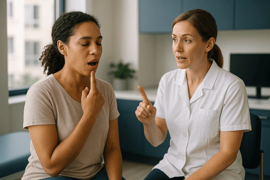 Healthcare provider consulting with patient in clinical setting: Step one: the resting jaw position physiotherapists teach f