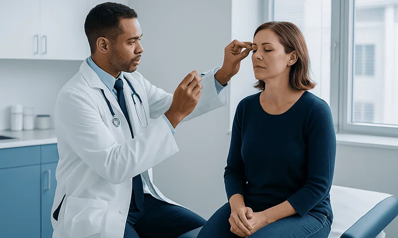 Doctor examining a woman's eye in a clinical setting.