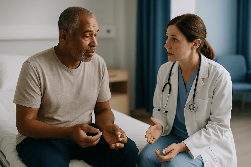 Doctor consulting with male patient in clinical setting: Stopping blood thinners before surgery: why the timing is never a g