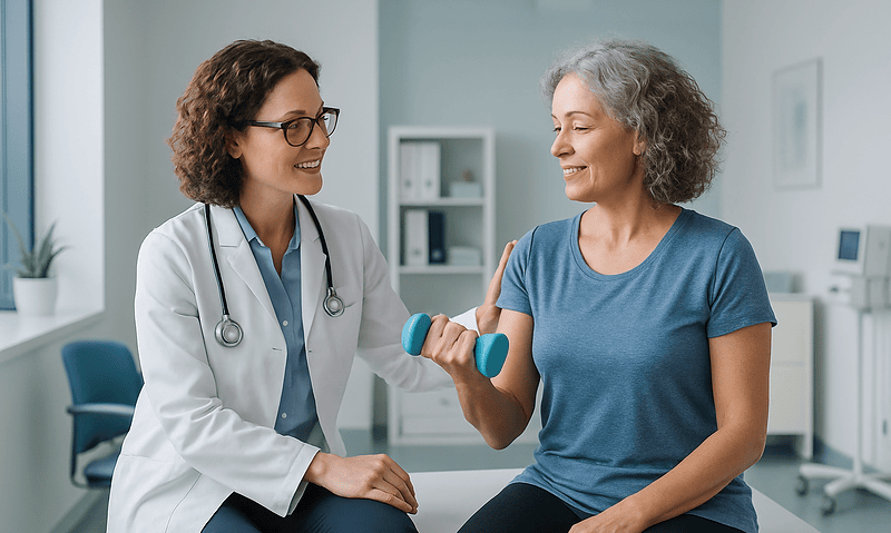 Doctor assisting woman with light dumbbell in medical consultation room.
