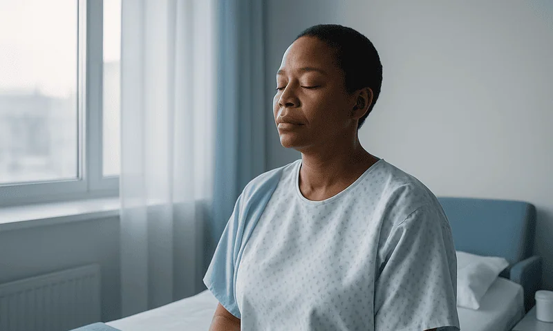 Woman experiencing stress headache in hospital room.