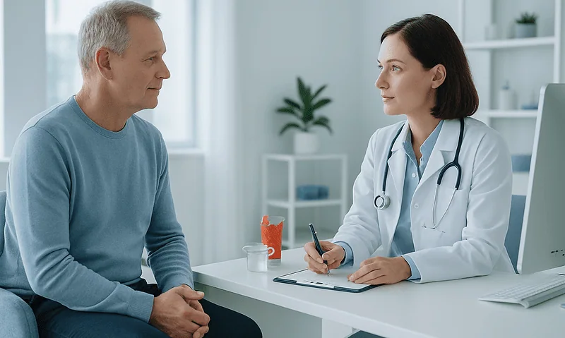 Doctor consulting with a male patient in a modern clinic setting.
