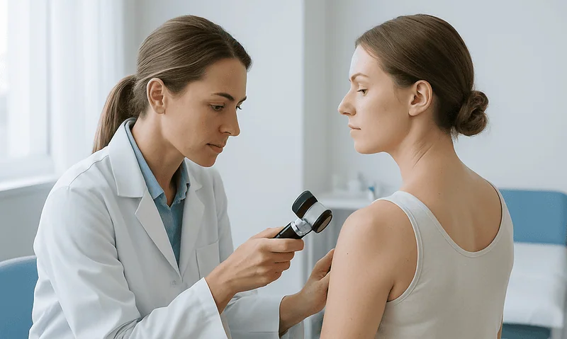 Dermatologist examining a patient's skin with a magnifying glass in a clinic.