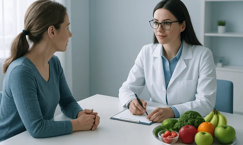Doctor consulting with patient about health and nutrition at clinic.