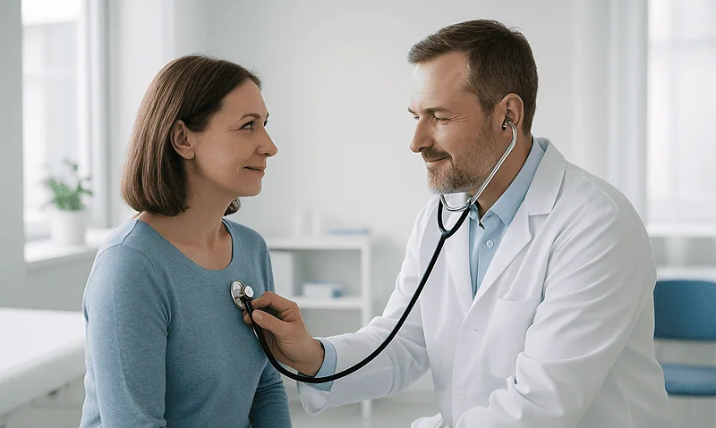 Doctor listening to a woman's heartbeat with a stethoscope in a medical clinic.