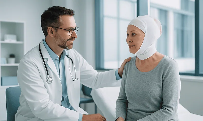 Doctor comforting a patient after a neck and face lift procedure.