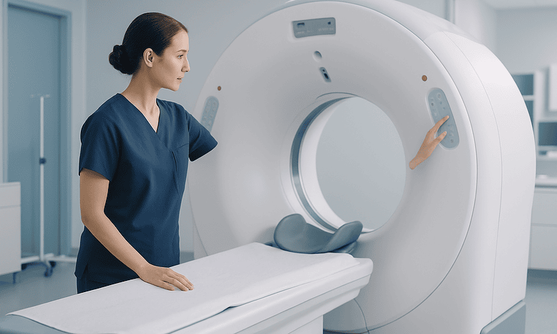Medical professional prepares MRI scan in a modern hospital setting.