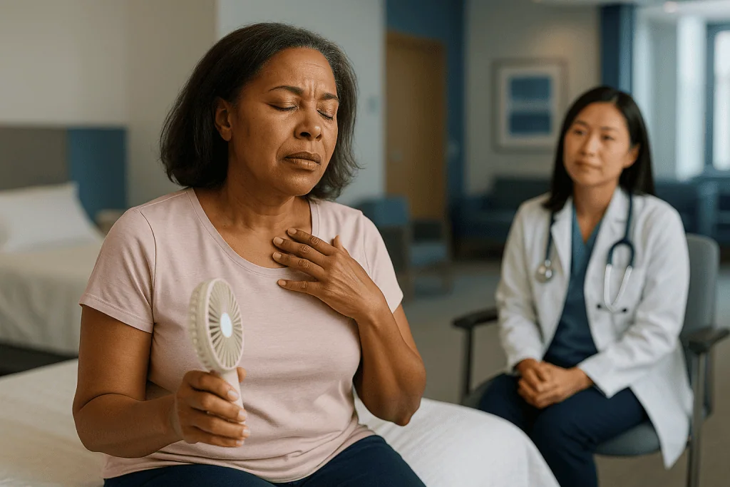 Middle-aged woman experiencing hot flash with doctor observing: Surgical menopause symptoms: what the first weeks and months