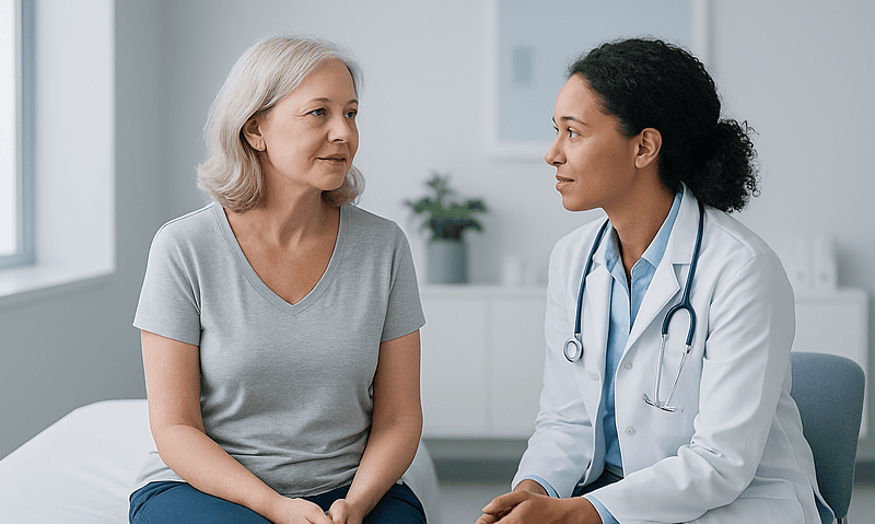 Doctor consulting with a middle-aged woman in a medical office.