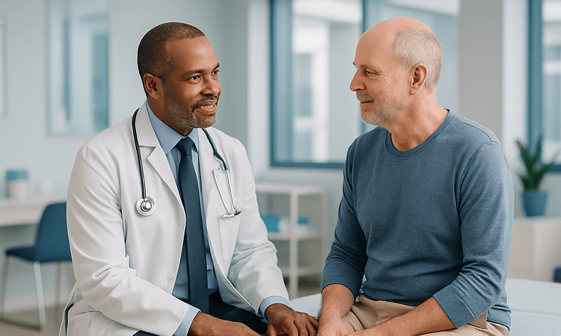Doctor consulting with a patient in a modern hospital room.
