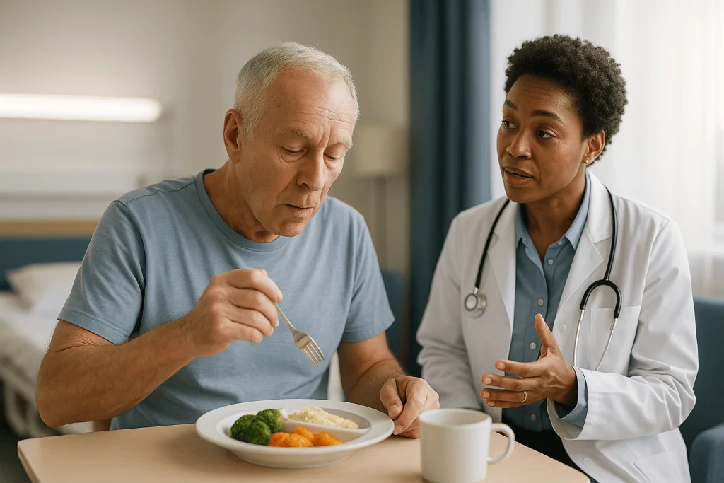 Doctor discussing nutrition with elderly patient during meal: Surveillance after esophagectomy: what the team is looking for