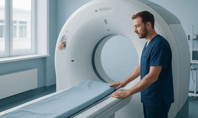 Medical technician prepares MRI scan in a modern hospital room.