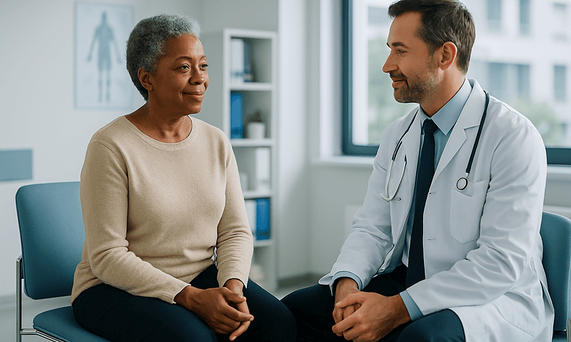 Doctor consulting with an elderly female patient in a medical office.