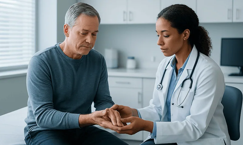 Doctor examining patient's hand in a medical consultation room.