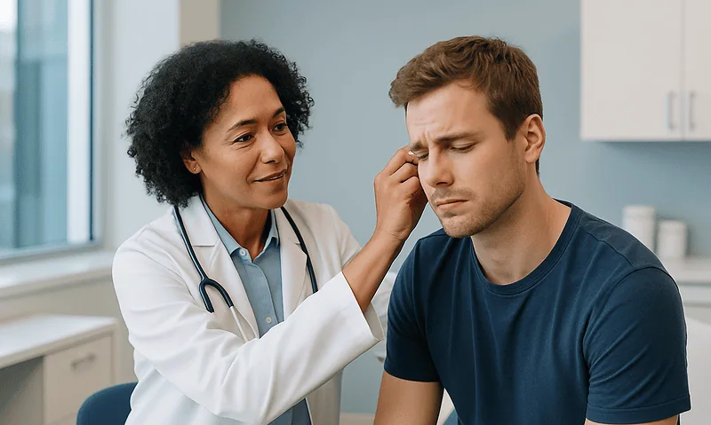 Doctor examining a patient's ear in a clinical setting.