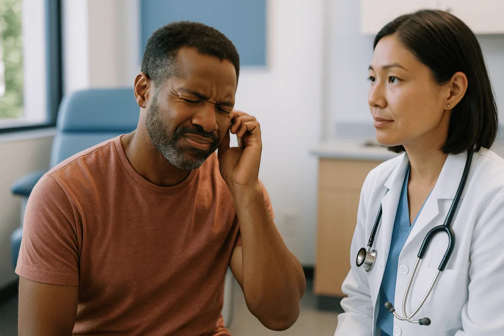 Doctor consultation with male patient in clinic setting: Swimmer's ear symptoms, from the first itch to a blocked canal