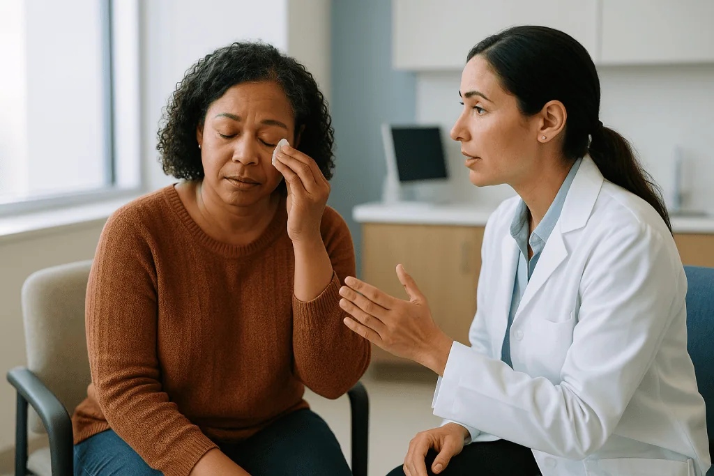 Female doctor consulting patient about eye concerns: Swollen eyelid causes: allergies, blepharitis, styes and angioedema