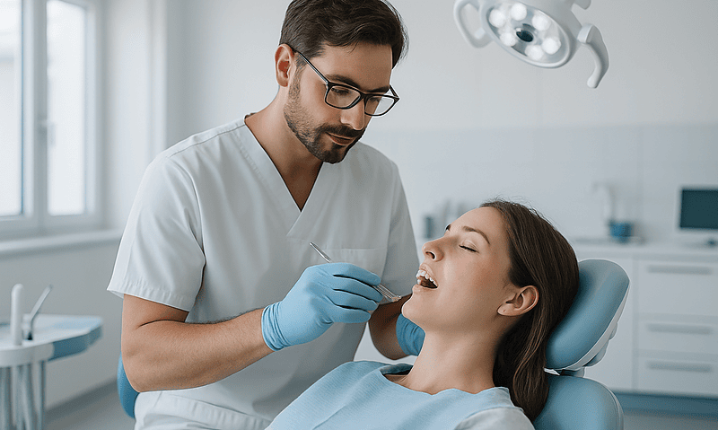 Dentist performing teeth whitening procedure on a patient in a dental clinic.