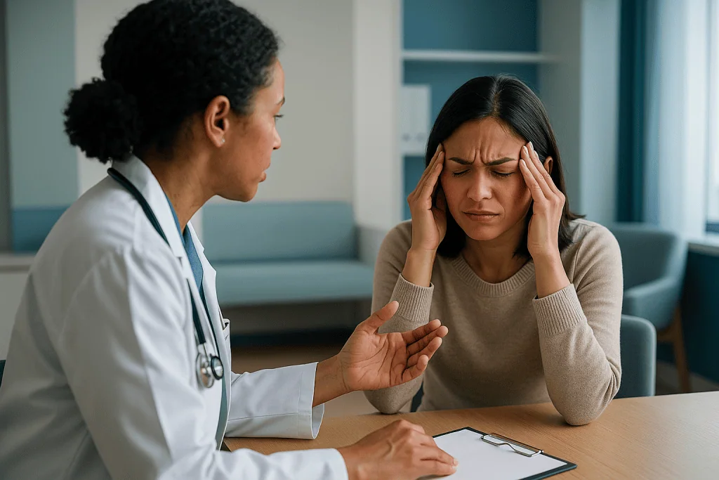 Doctor consulting patient with stress headache in clinic: Tension type headache symptoms: how to spot one