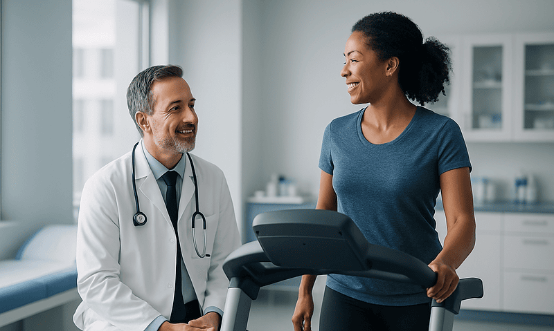 Doctor consulting with a woman on a treadmill in a medical clinic.