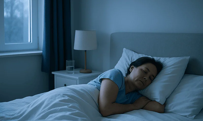 Woman sleeping peacefully in a cool, dark bedroom for better sleep quality.