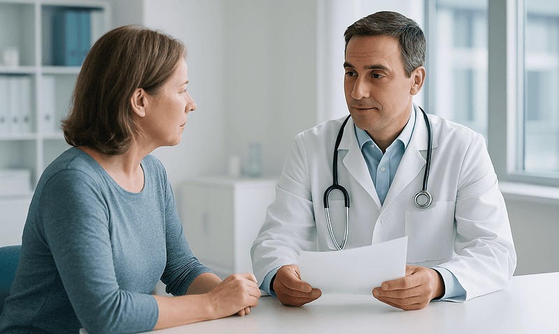 Doctor consulting with a female patient in a modern clinic setting.