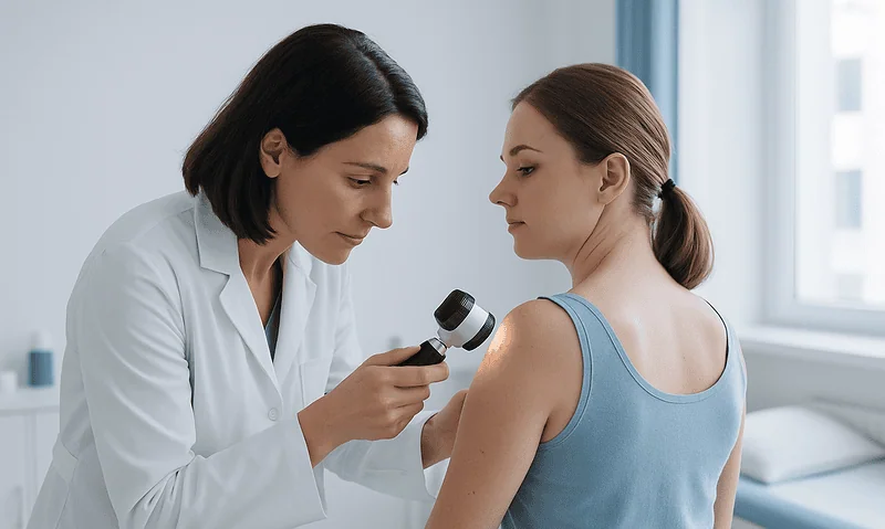 Doctor examining a patient's shoulder with a dermatoscope in a clinical setting.