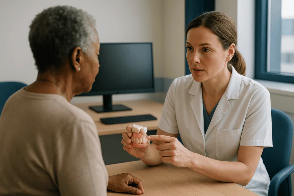 Dentist consulting patient about dental prosthetics model: The dental crown treatment plan questions that change the outcome