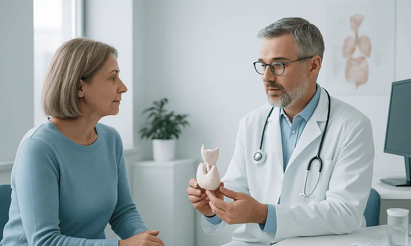 Doctor explaining hormone test to a patient in a clinic setting.