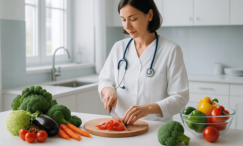 Female healthcare professional preparing vegetables in a modern kitchen.