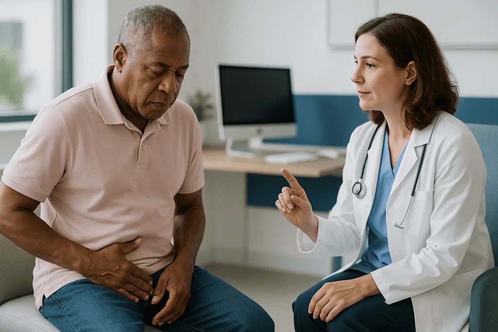 Doctor consulting male patient about abdominal pain: The erectile dysfunction and heart disease link: why the penis often sp