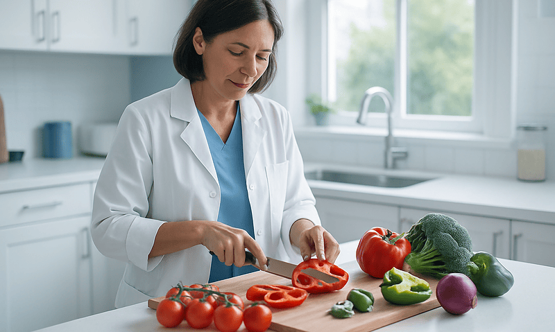 Female chef preparing vegetables in a modern kitchen.