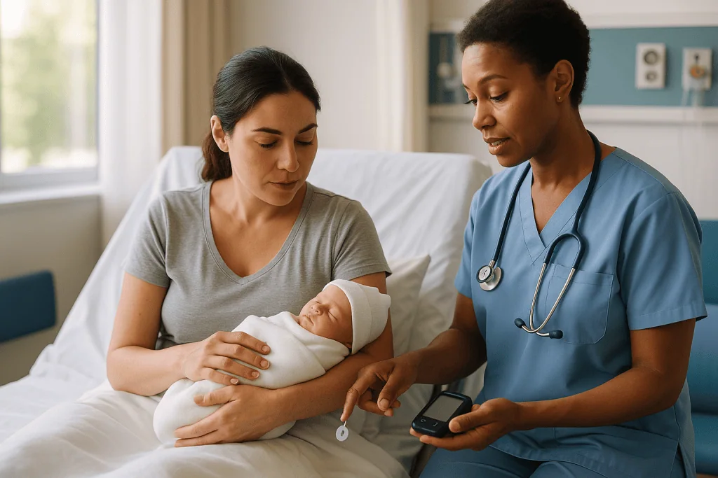 Healthcare provider examining newborn with mother in hospital: The first 24 to 48 hours: how your baby is monitored