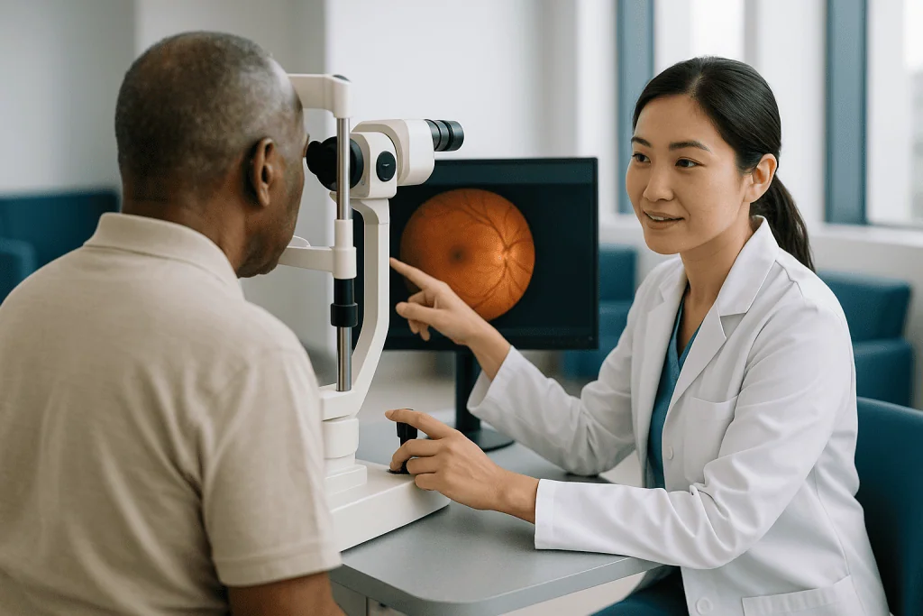 Ophthalmologist conducting retinal imaging exam with patient: The first landmark: diabetic retinopathy in 2016