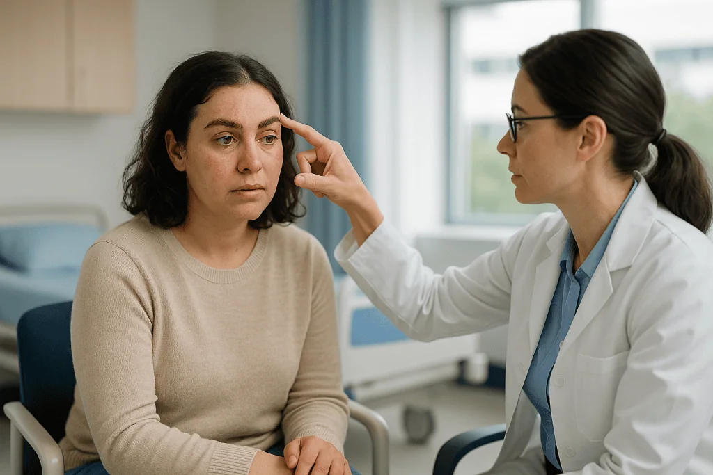 Doctor examining patient's face during medical consultation: The first week: swelling, crusts and the brows that look finish