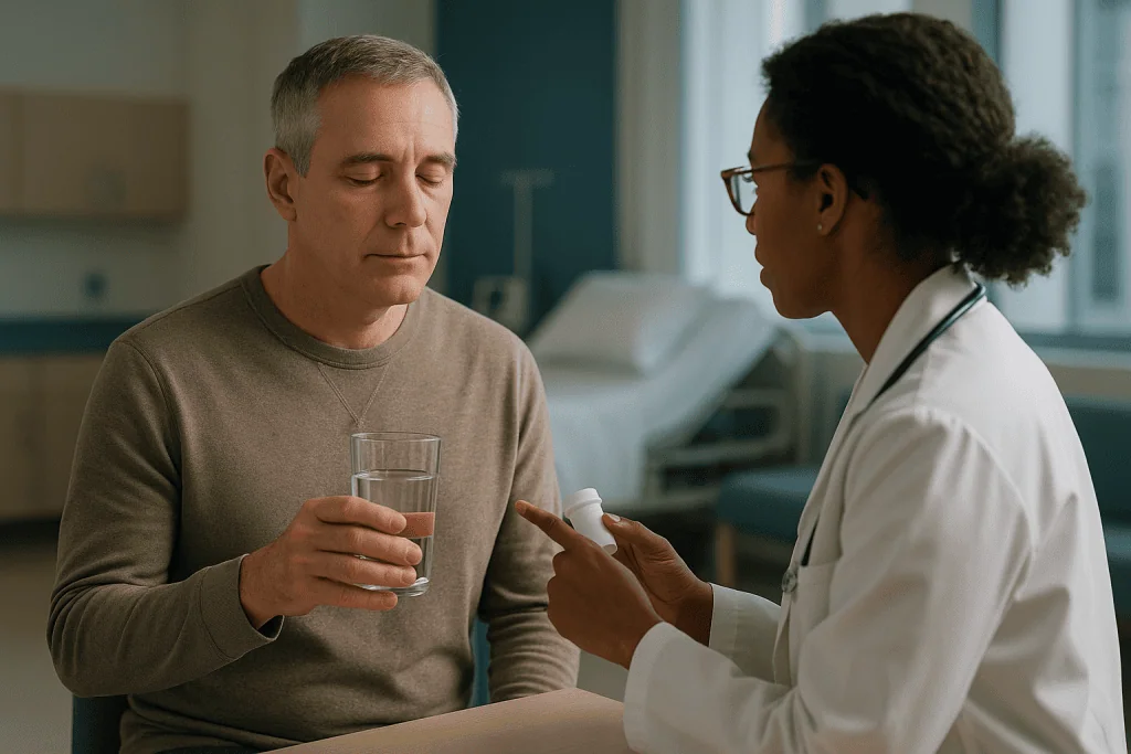 Doctor consulting with patient, holding medication and water: The first weeks after pituitary surgery: sodium, fluids and ea