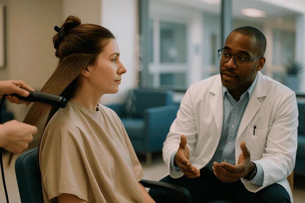 Doctor consulting patient in clinical office setting: The formaldehyde question: how a straightening liquid becomes a gas