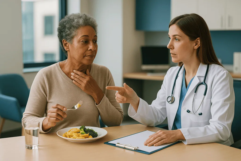 Doctor consulting patient about food and diet: The four stages of swallowing, and why each one points to a different clinic
